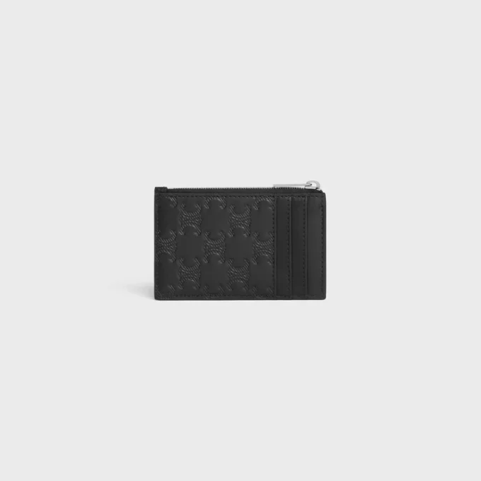 Porte-cartes zippé en cuir de veau avec motif Triomphe en relief Porte-cartes zippé en cuir de veau avec motif Triomphe en relief