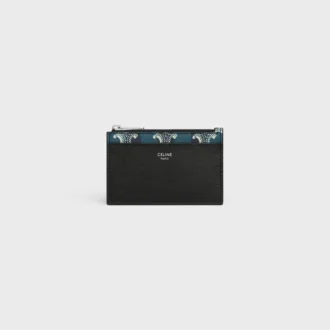 Porte-cartes zippé en toile Triomphe Canvas rayée et cuir d&rsquo;agneau