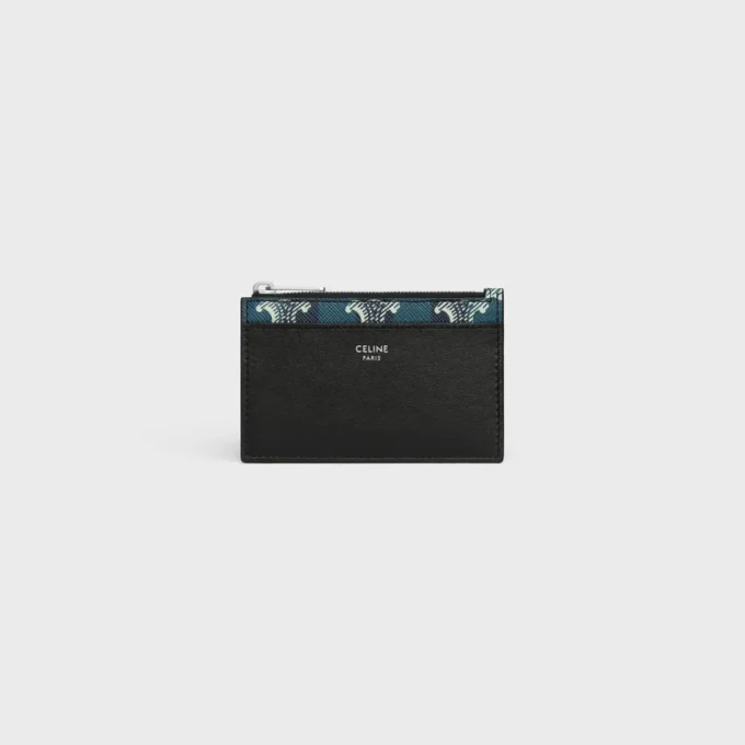 Porte-cartes zippé en toile Triomphe Canvas rayée et cuir d&rsquo;agneau