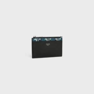 Porte-cartes zippé en toile Triomphe Canvas rayée et cuir d&rsquo;agneau