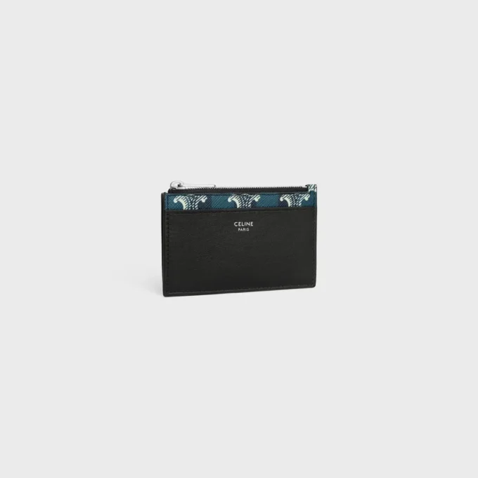 Porte-cartes zippé en toile Triomphe Canvas rayée et cuir d&rsquo;agneau