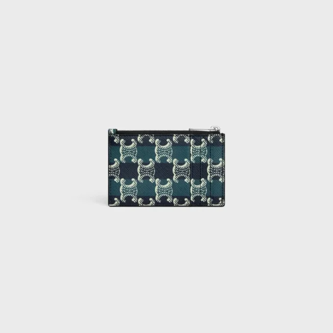 Porte-cartes zippé en toile Triomphe Canvas rayée et cuir d&rsquo;agneau