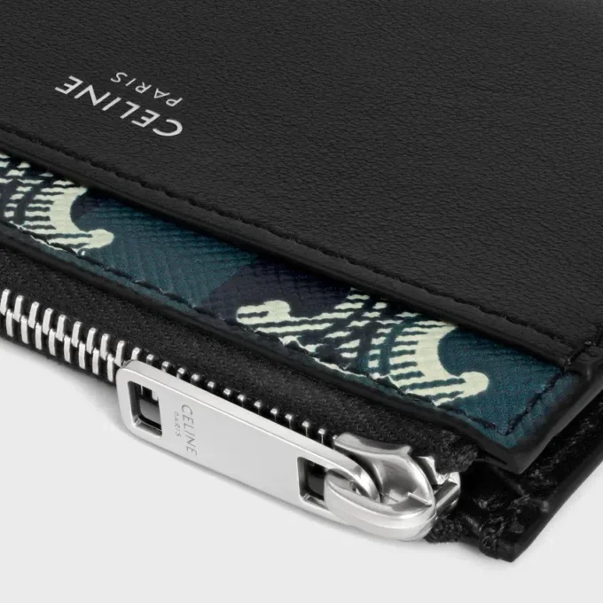 Porte-cartes zippé en toile Triomphe Canvas rayée et cuir d&rsquo;agneau