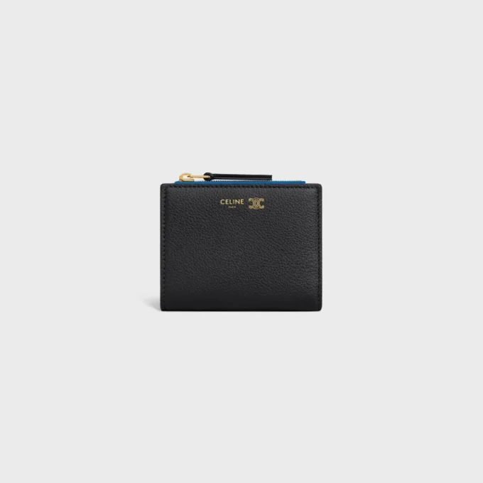 Portefeuille compact Triomphe Stamp en cuir de veau grainé souple