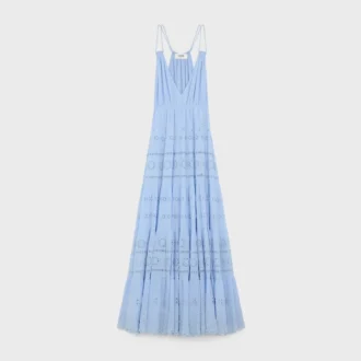 Robe longue brodée en crêpon de coton et soie
