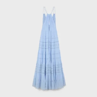 Robe longue brodée en crêpon de coton et soie