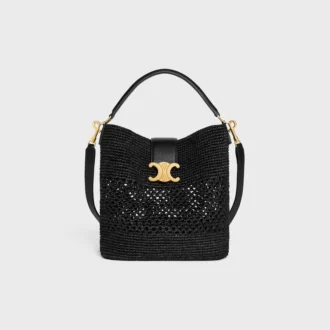 Sac seau Louise moyen en raphia et cuir de veau