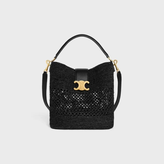 Sac seau Louise moyen en raphia et cuir de veau