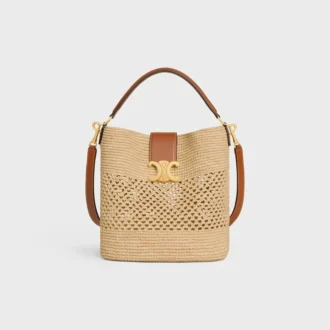 Sac seau Louise moyen en raphia et cuir de veau