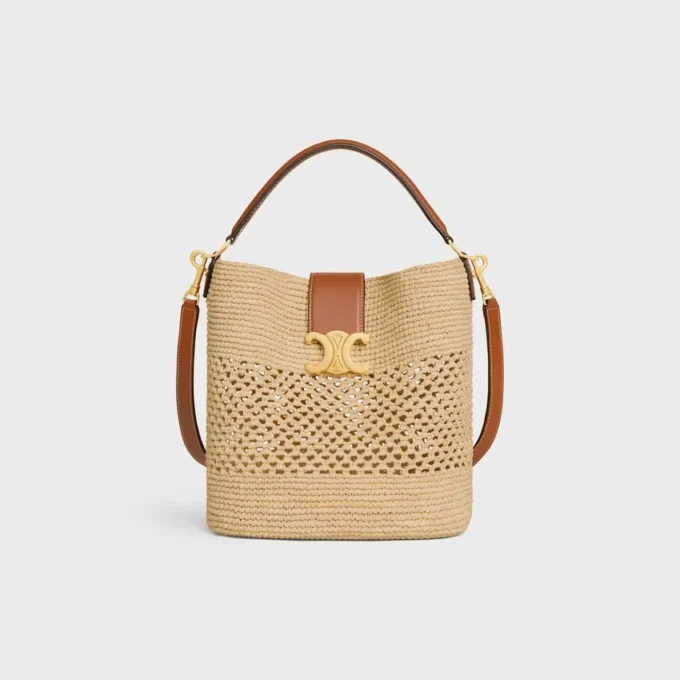 Sac seau Louise moyen en raphia et cuir de veau