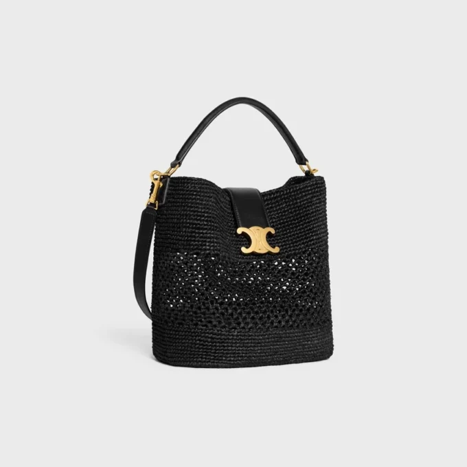 Sac seau Louise moyen en raphia et cuir de veau