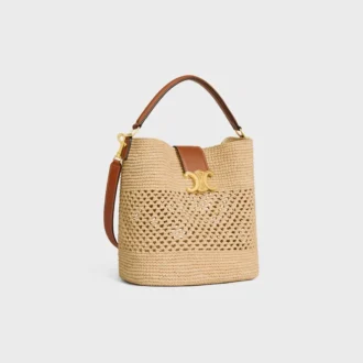 Sac seau Louise moyen en raphia et cuir de veau