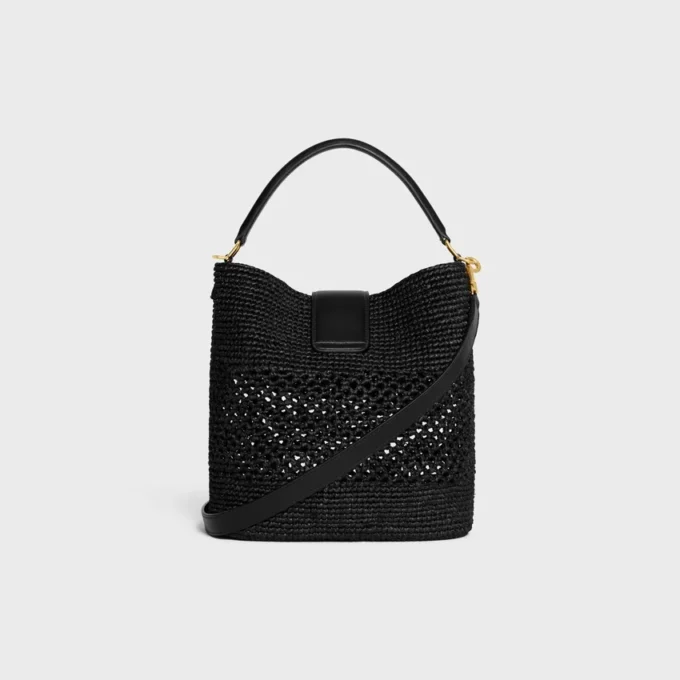 Sac seau Louise moyen en raphia et cuir de veau