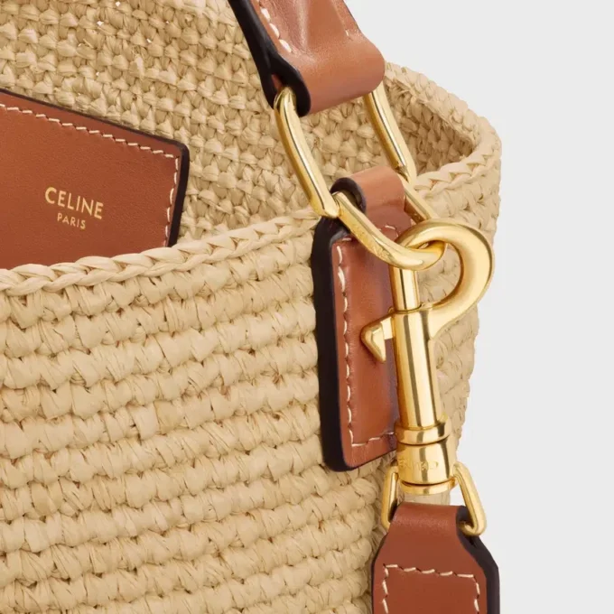 Sac seau Louise moyen en raphia et cuir de veau