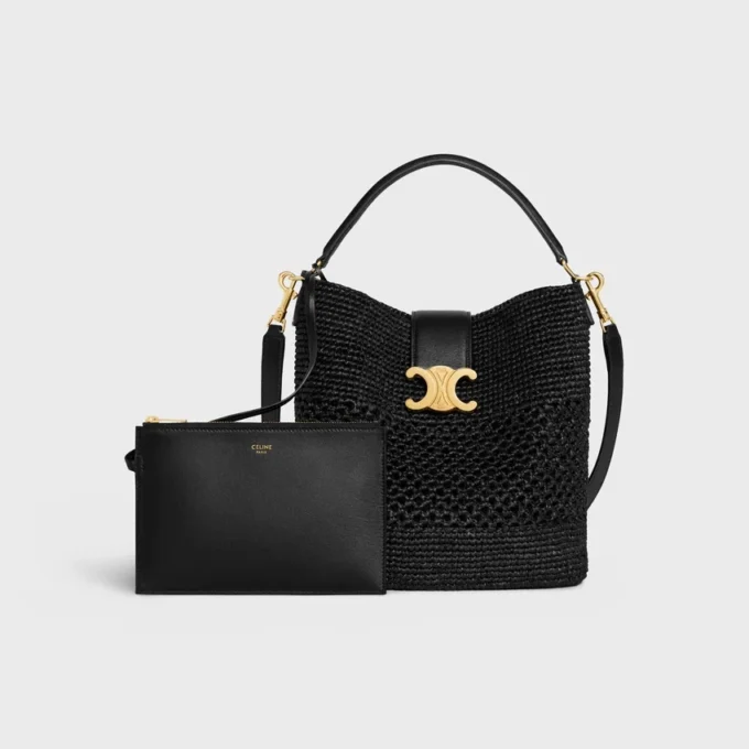 Sac seau Louise moyen en raphia et cuir de veau