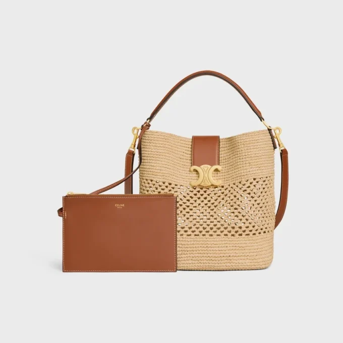 Sac seau Louise moyen en raphia et cuir de veau