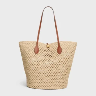 Sac seau Triomphe à perles en raphia et cuir de veau
