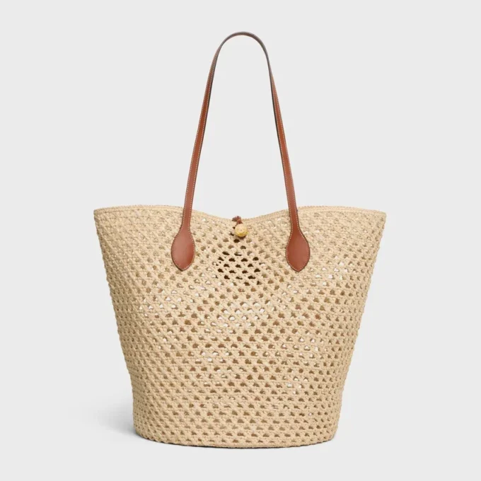 Sac seau Triomphe à perles en raphia et cuir de veau