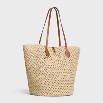 Sac seau Triomphe à perles en raphia et cuir de veau