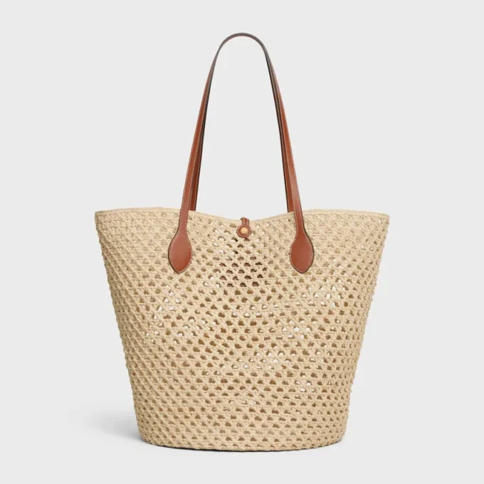 Sac seau Triomphe à perles en raphia et cuir de veau