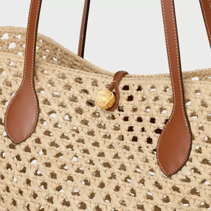 Sac seau Triomphe à perles en raphia et cuir de veau