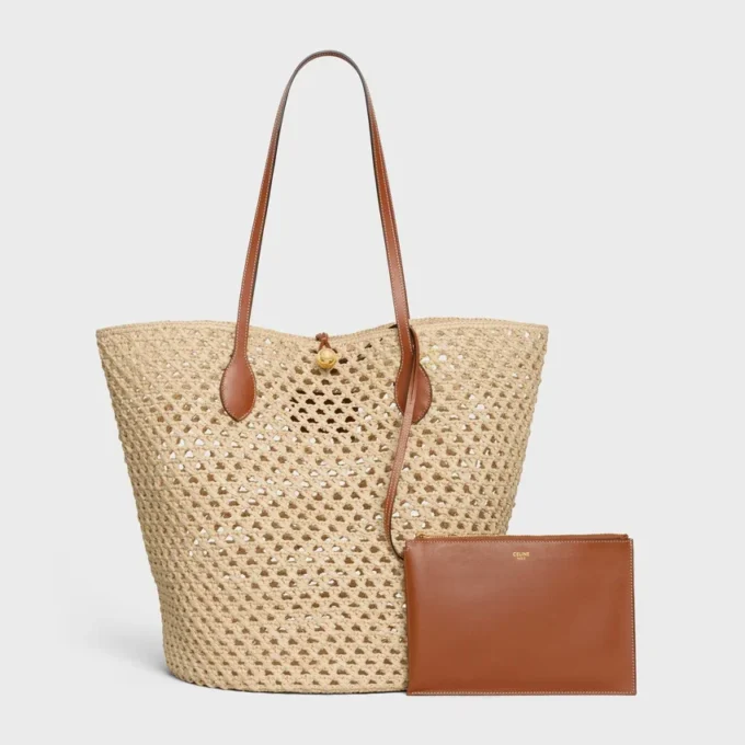 Sac seau Triomphe à perles en raphia et cuir de veau