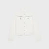 Veste de camionneur brodée en denim blanc délavé brut
