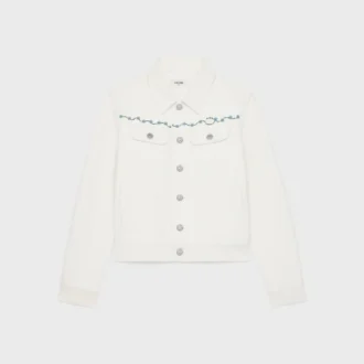 Veste de camionneur brodée en denim blanc délavé brut