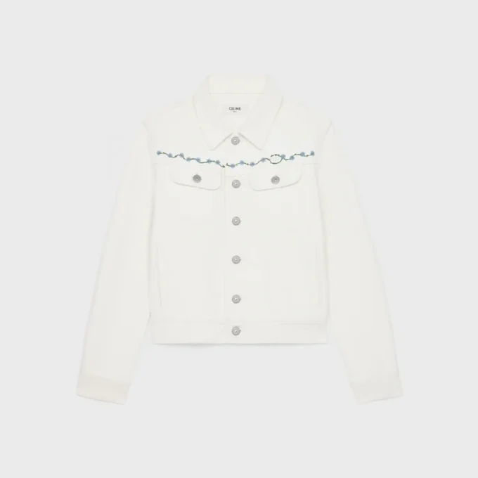 Veste de camionneur brodée en denim blanc délavé brut