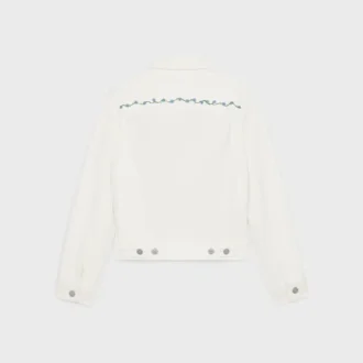 Veste de camionneur brodée en denim blanc délavé brut