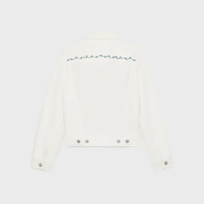 Veste de camionneur brodée en denim blanc délavé brut